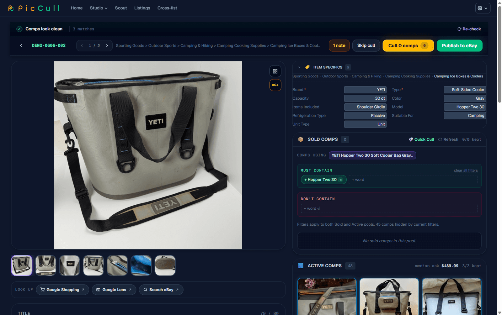 The PicCull review dashboard: a listing priced against real sold comps, ready to publish