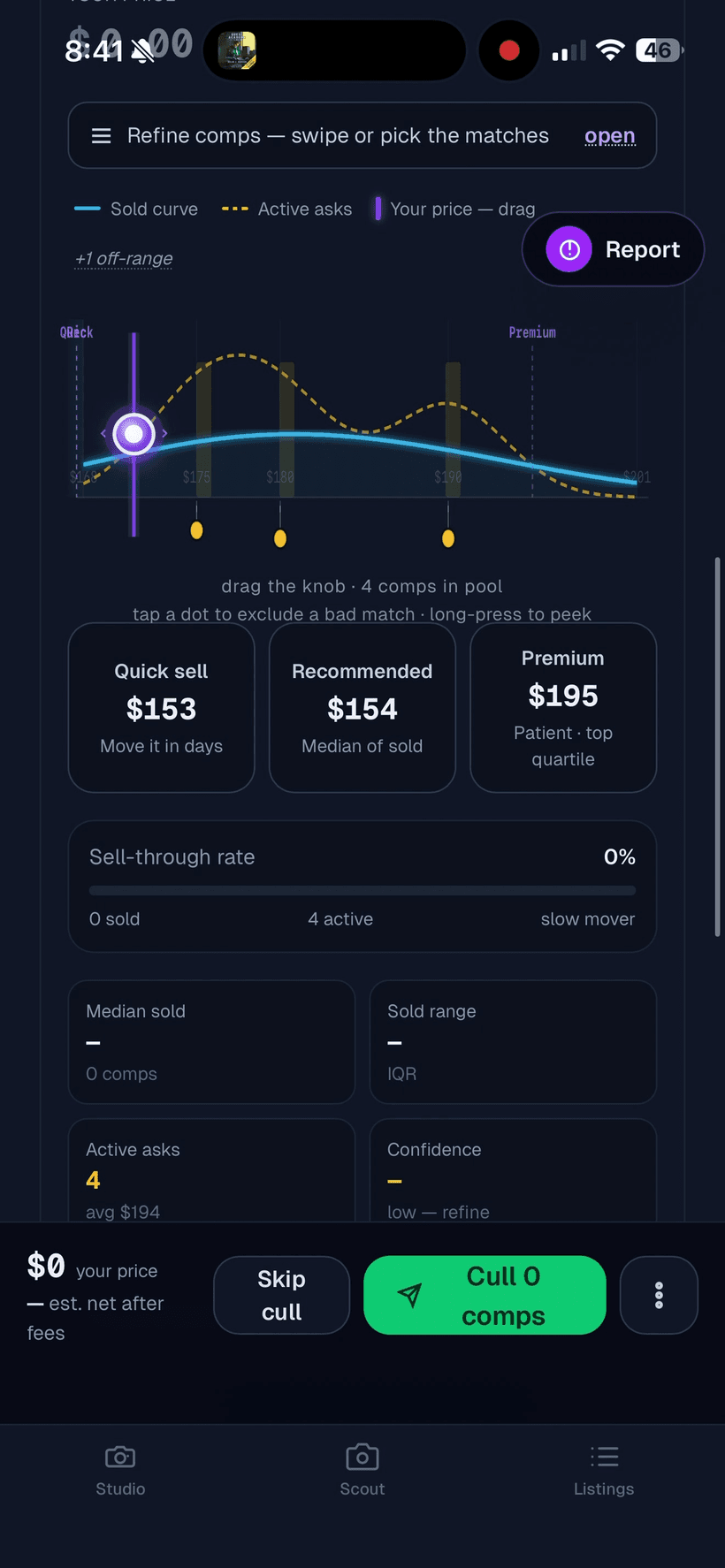 Sold-comp pricing on the PicCull mobile app